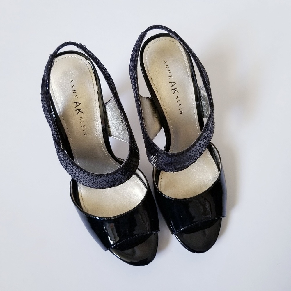 Anne Klein Black Peep Toe Patent Leather Heels